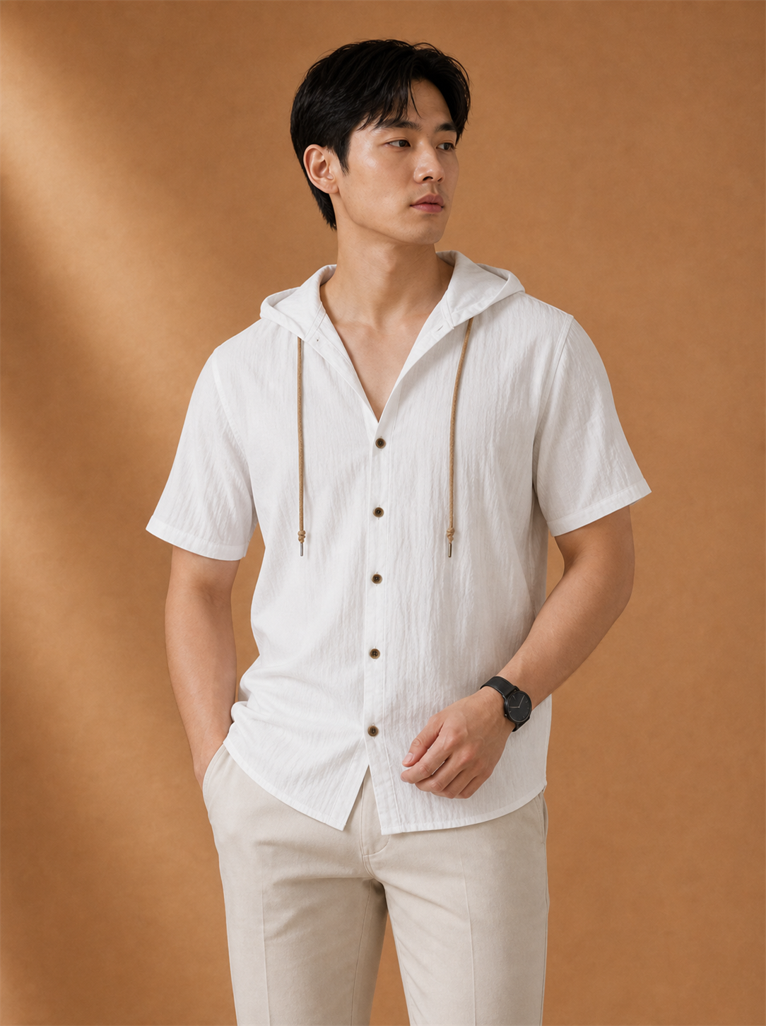 Hale Hooded Shirt worn by a model, LOCKSTEP catalogue photograph