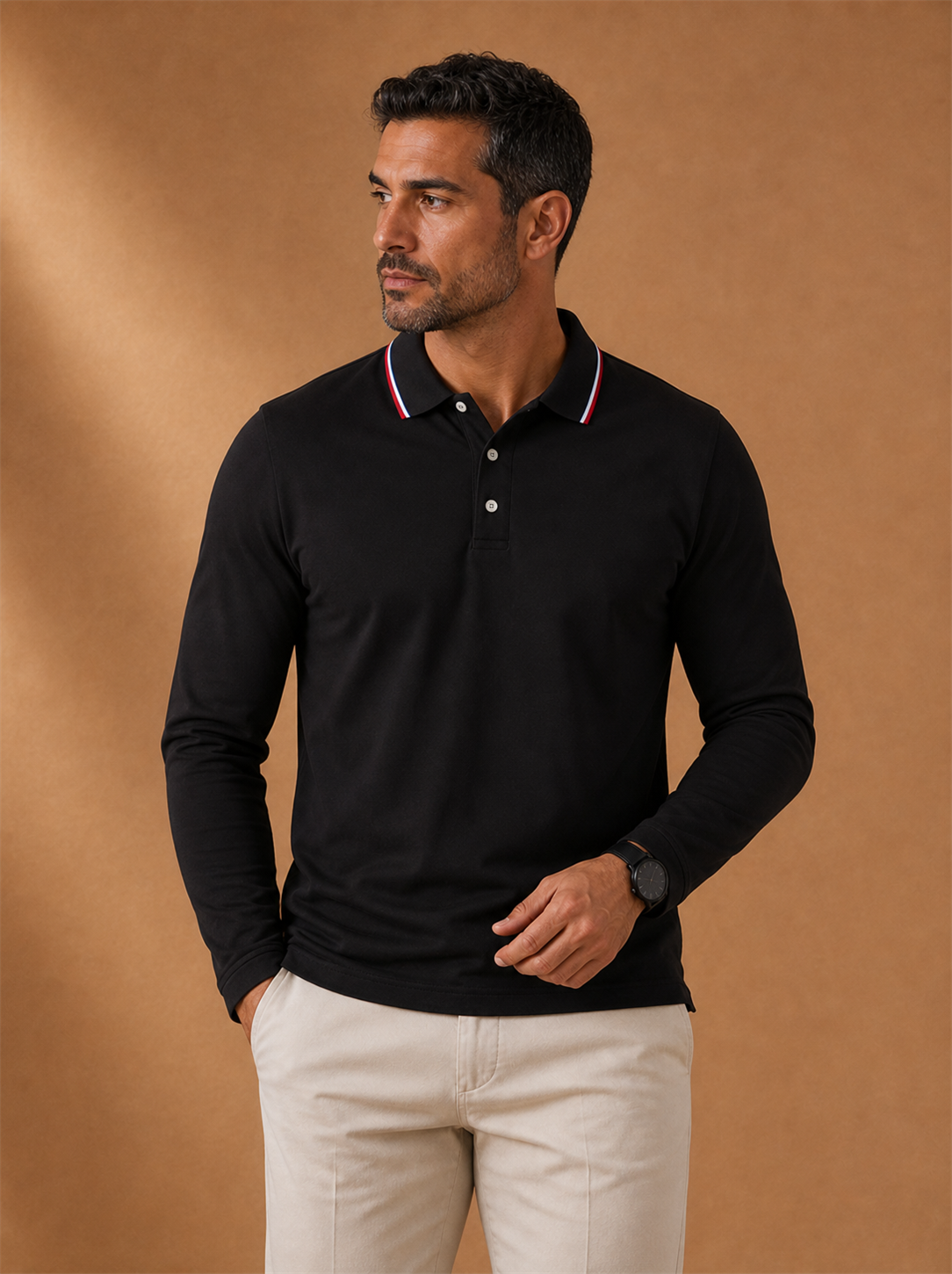 Orson Long Sleeve Polo worn by a model, LOCKSTEP catalogue photograph