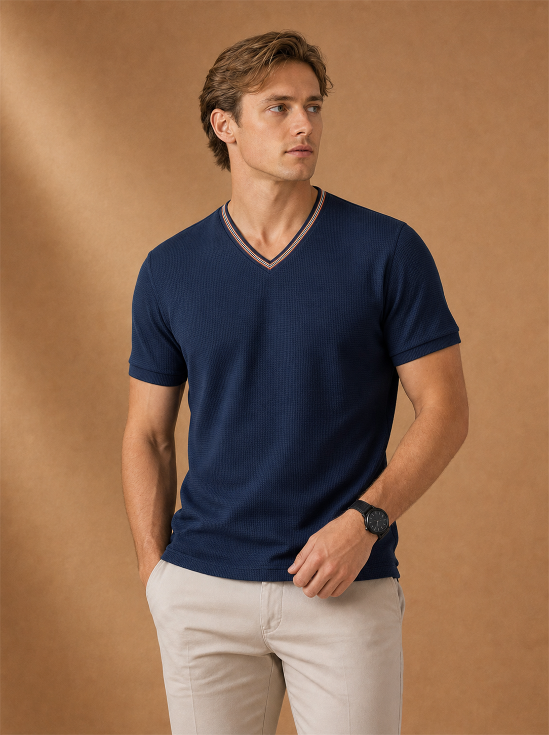 Fine-Knit V-Neck Tee worn by a model, LOCKSTEP catalogue photograph