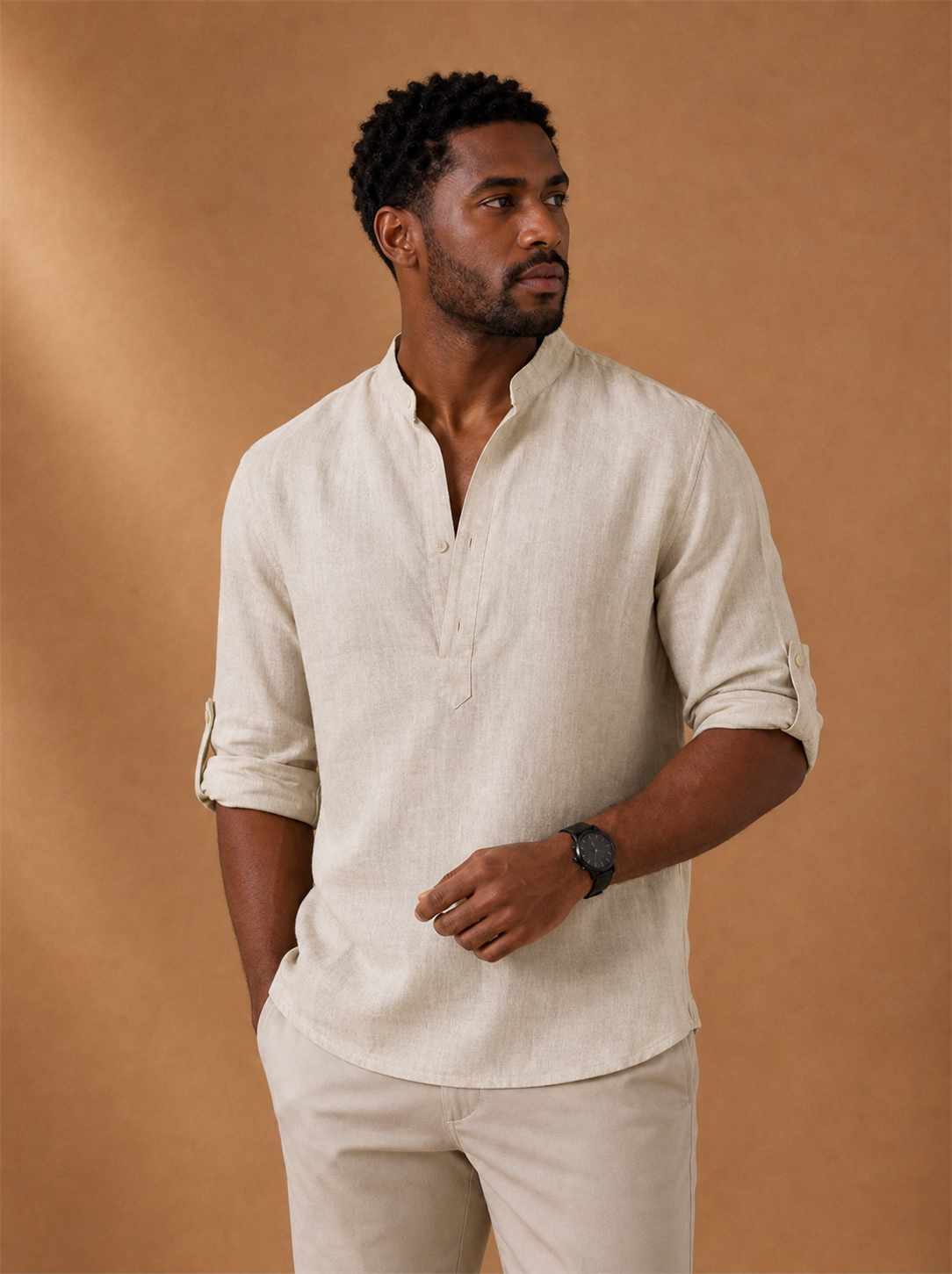 Linen Grandad Shirt worn by a model, LOCKSTEP catalogue photograph