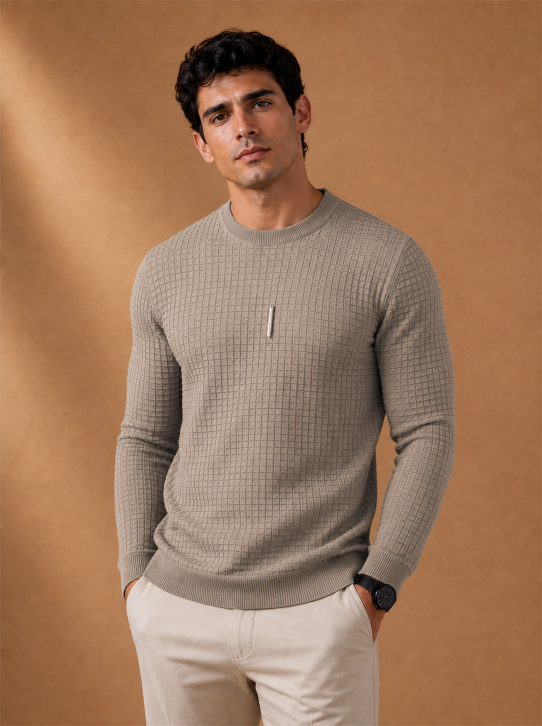 Textured Waffle Crew worn by a model, LOCKSTEP catalogue photograph