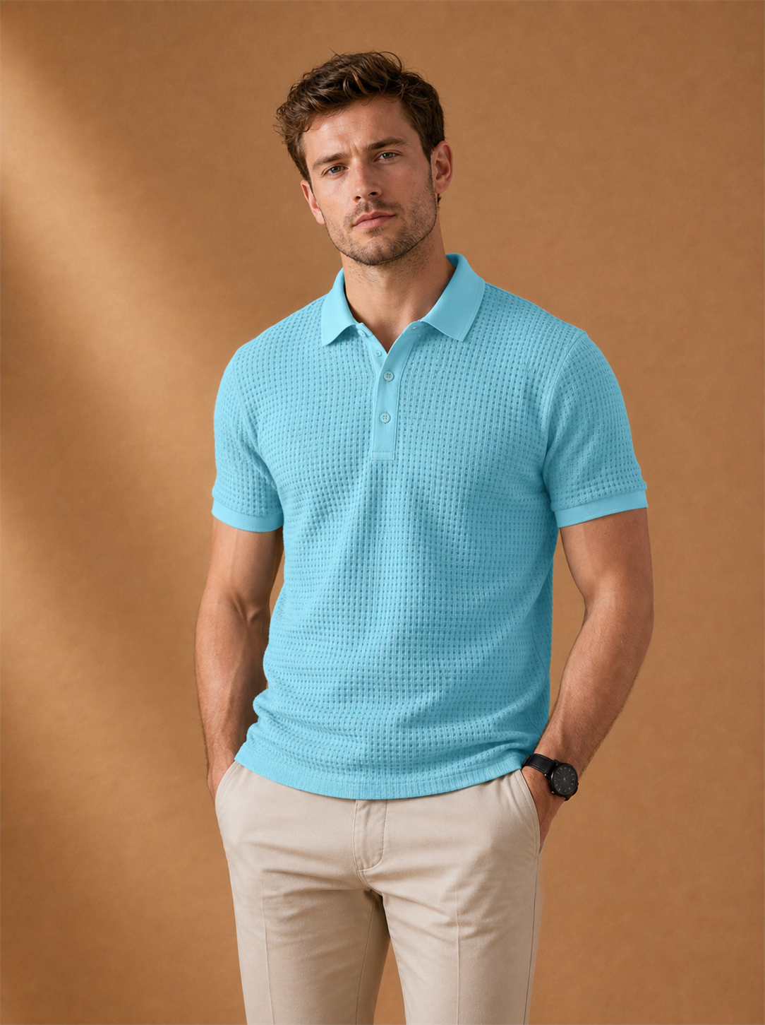 Waffle-Knit Polo worn by a model, LOCKSTEP catalogue photograph