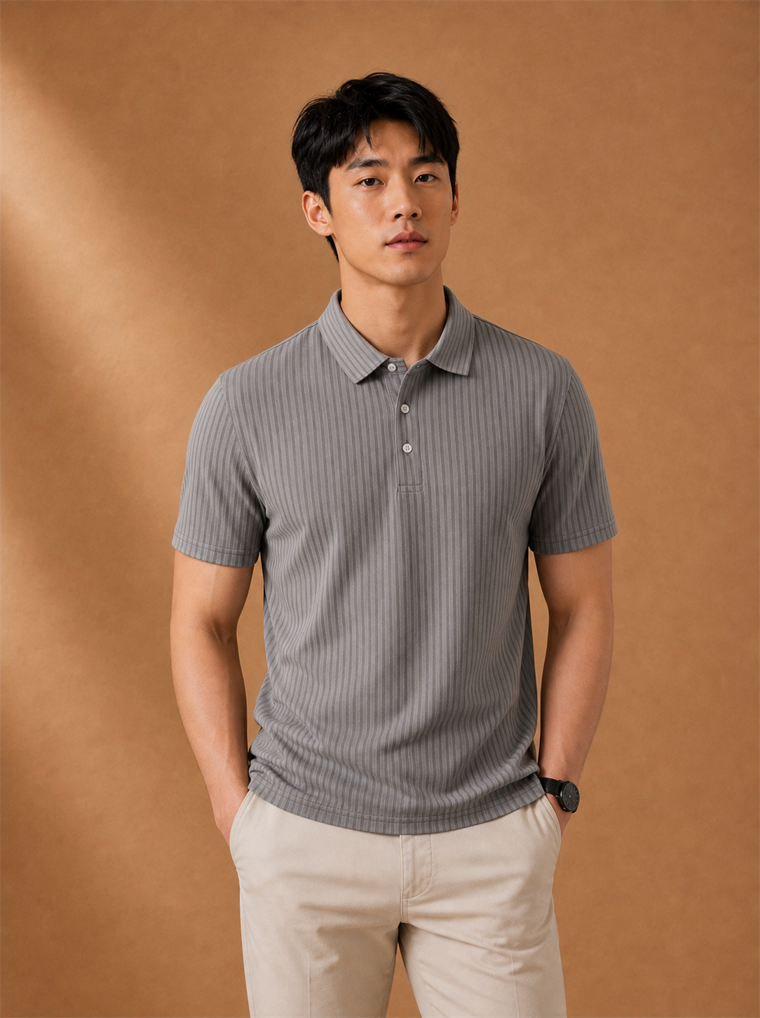 Rowan Textured Polo worn by a model, LOCKSTEP catalogue photograph
