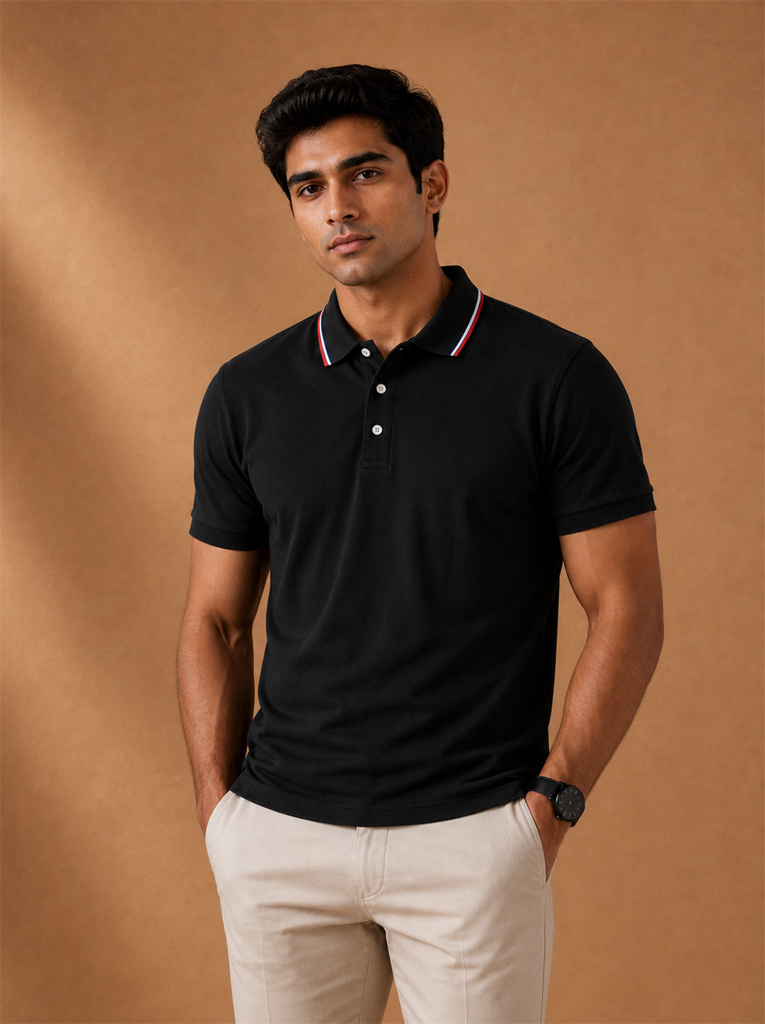 Sutton Polo worn by a model, LOCKSTEP catalogue photograph