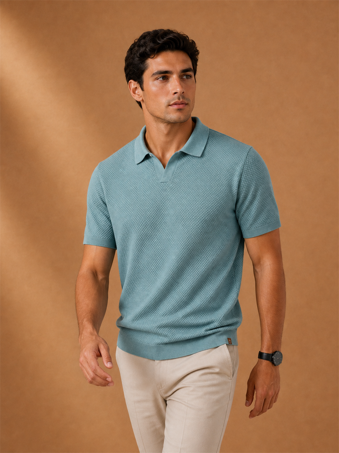Marek Knit Polo worn by a model, LOCKSTEP catalogue photograph