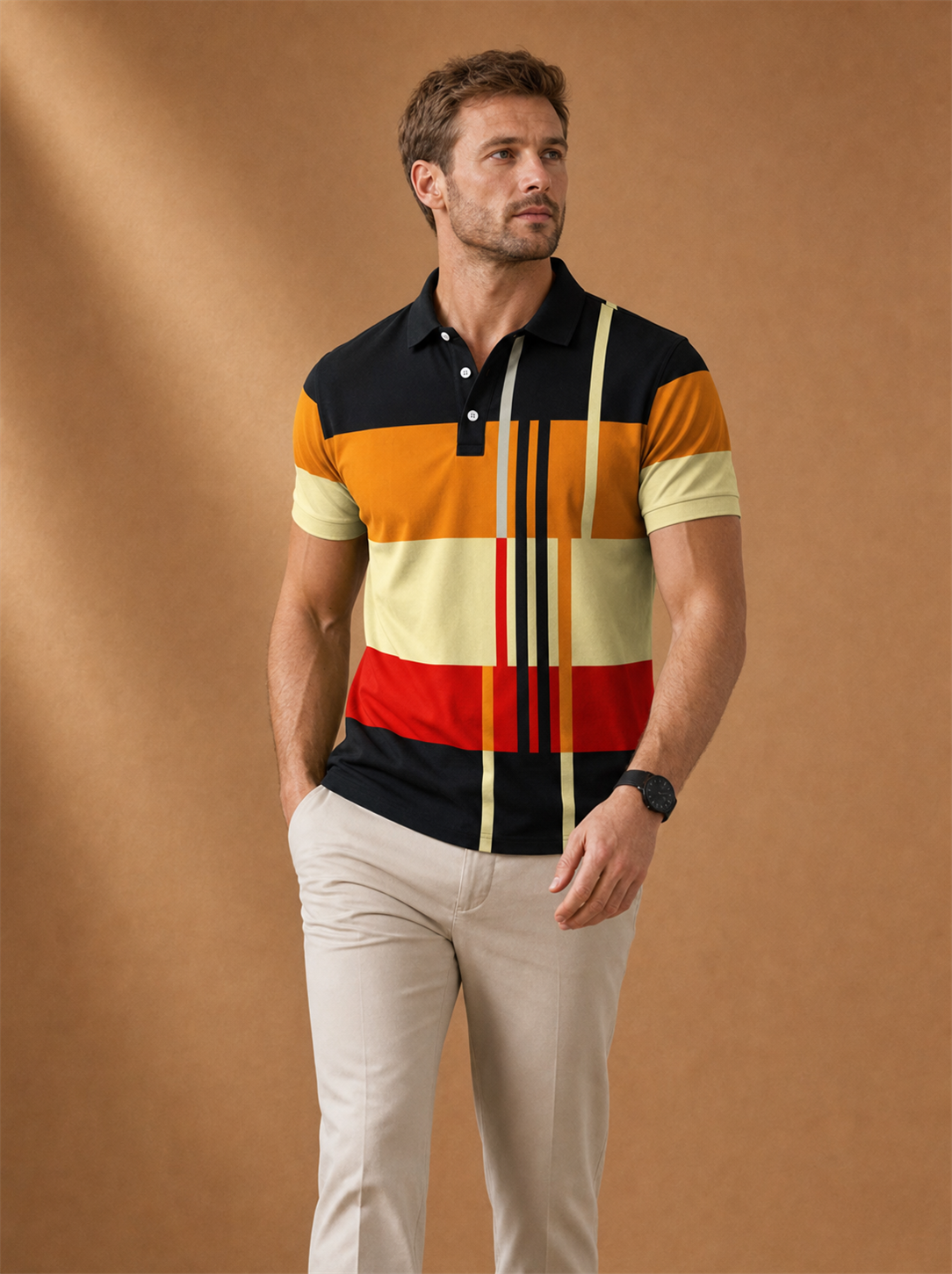 Calder Striped Polo worn by a model, LOCKSTEP catalogue photograph