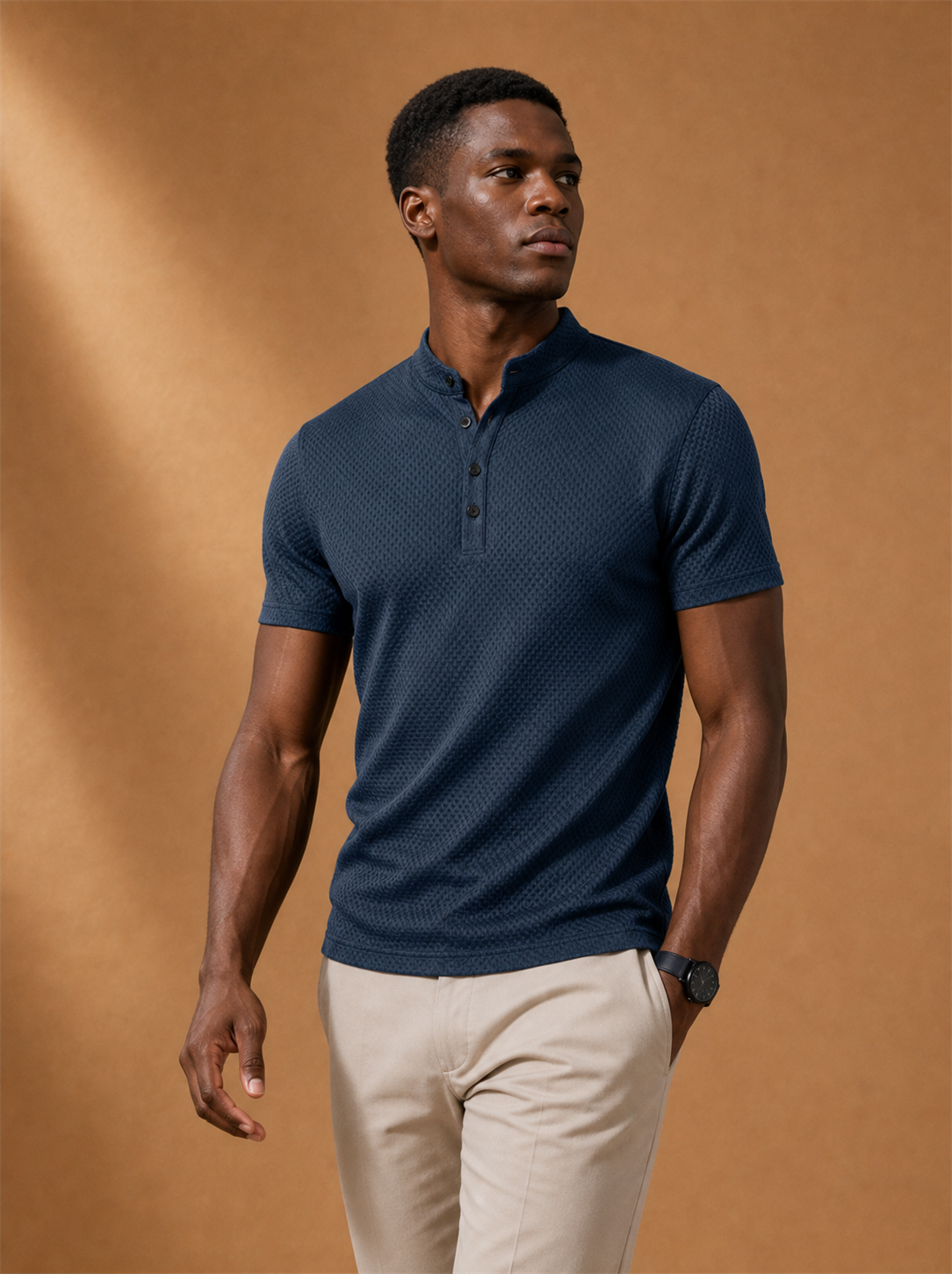 Holt Henley worn by a model, LOCKSTEP catalogue photograph