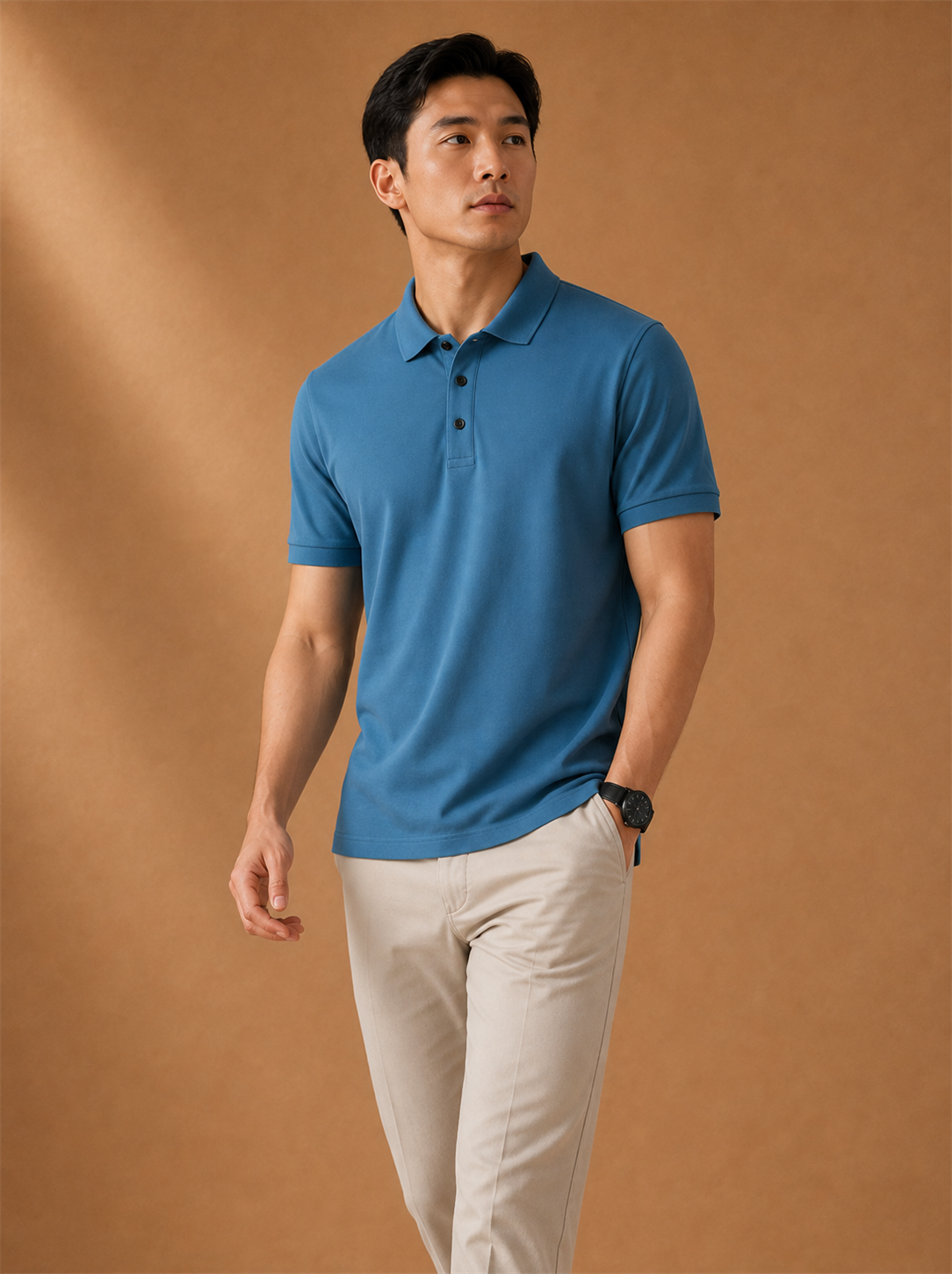 Soren Polo worn by a model, LOCKSTEP catalogue photograph