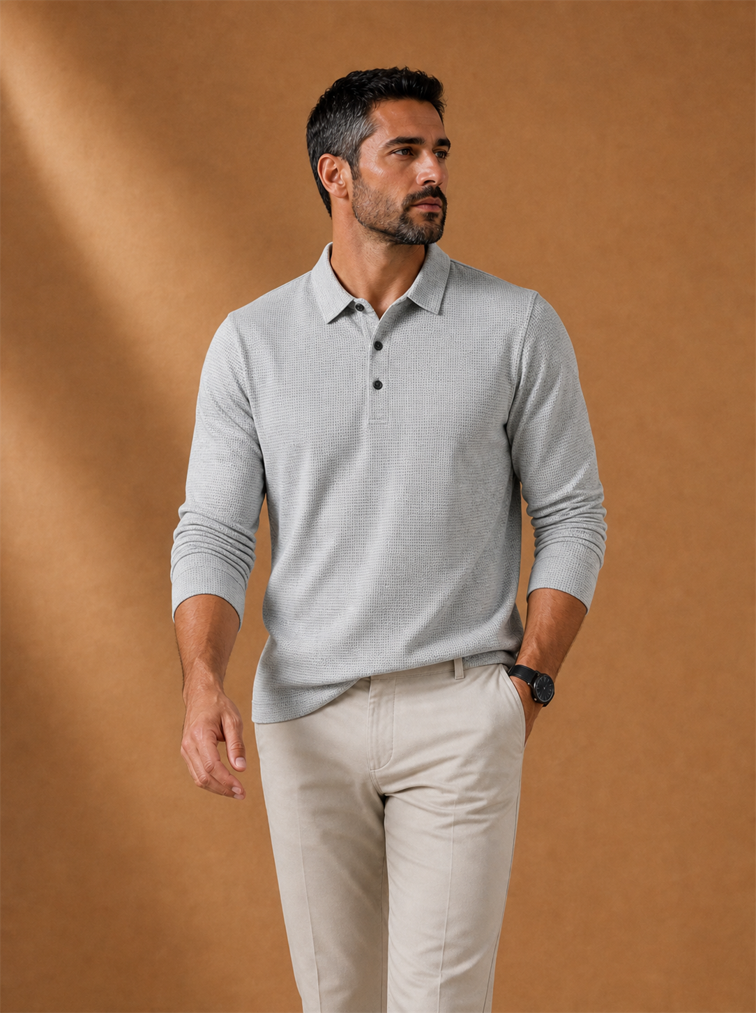 Alden Polo worn by a model, LOCKSTEP catalogue photograph