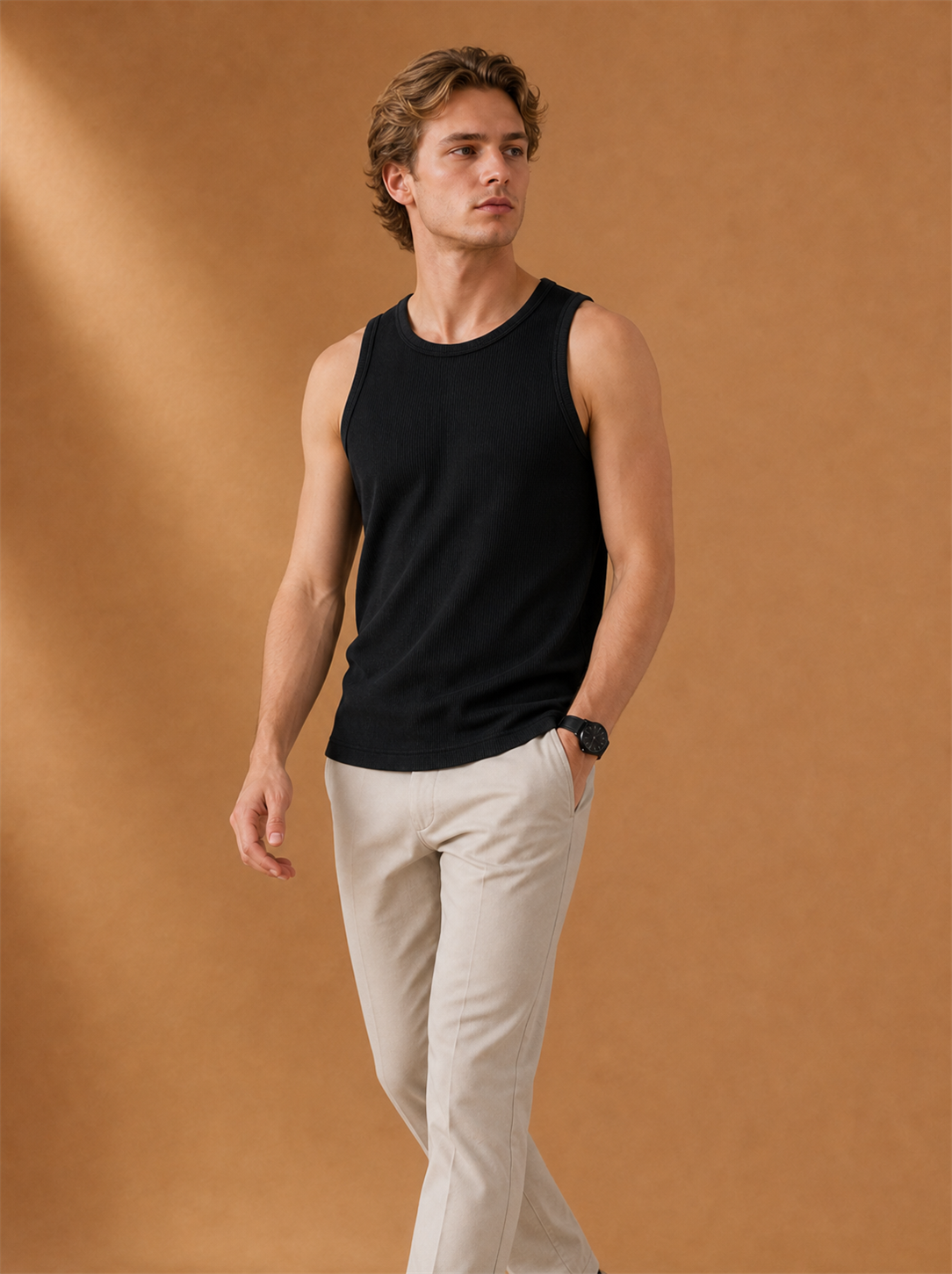 Auren Ribbed Cotton Vest worn by a model, LOCKSTEP catalogue photograph