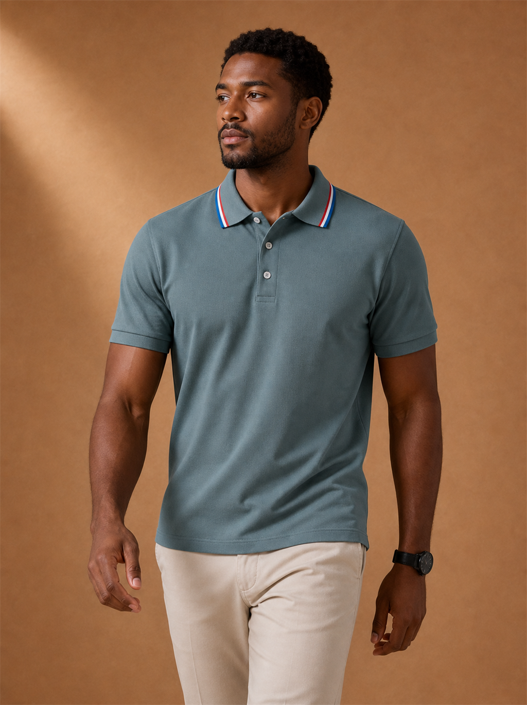 Kaelor Polo worn by a model, LOCKSTEP catalogue photograph