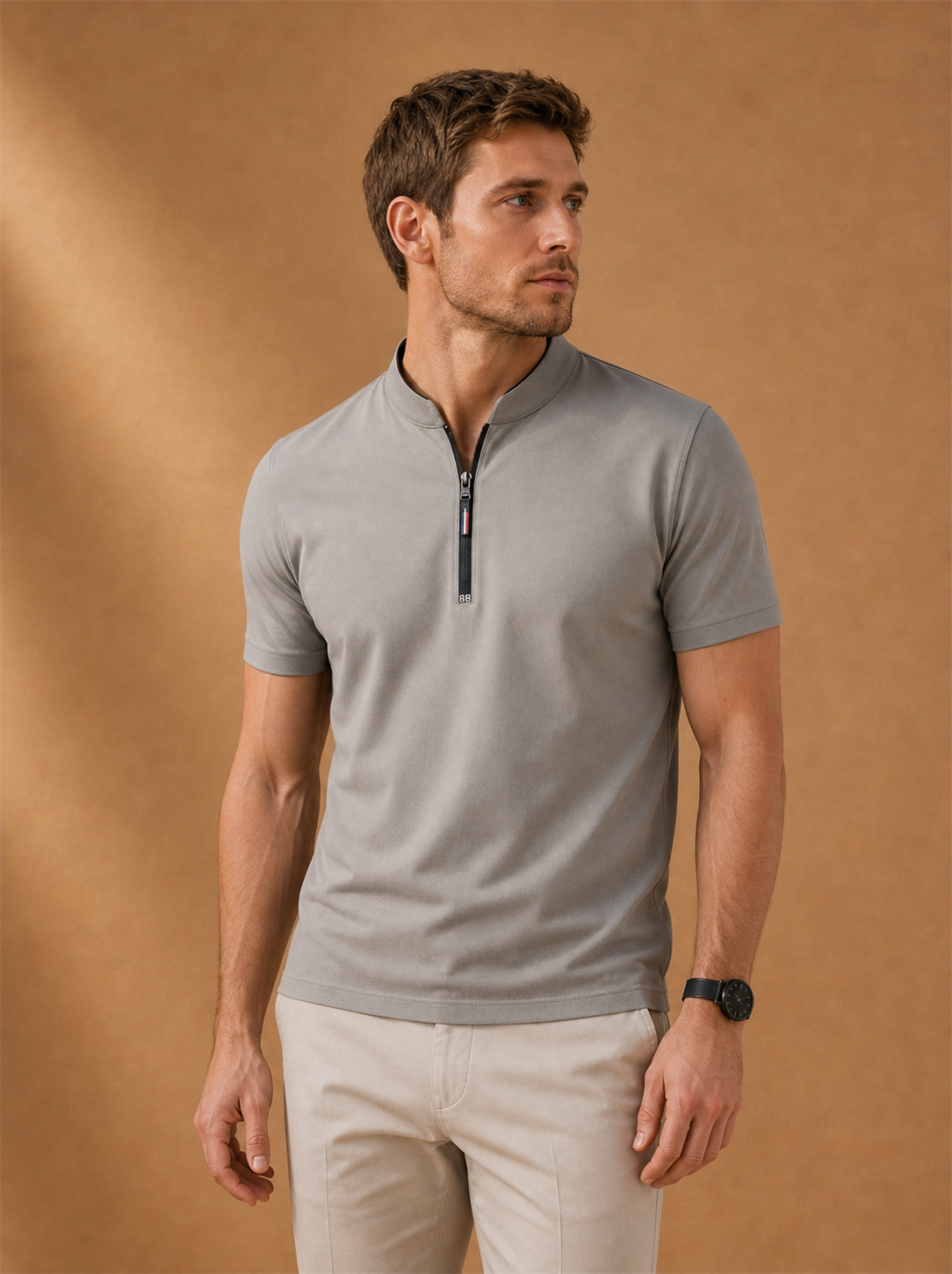 Cavell Polo worn by a model, LOCKSTEP catalogue photograph