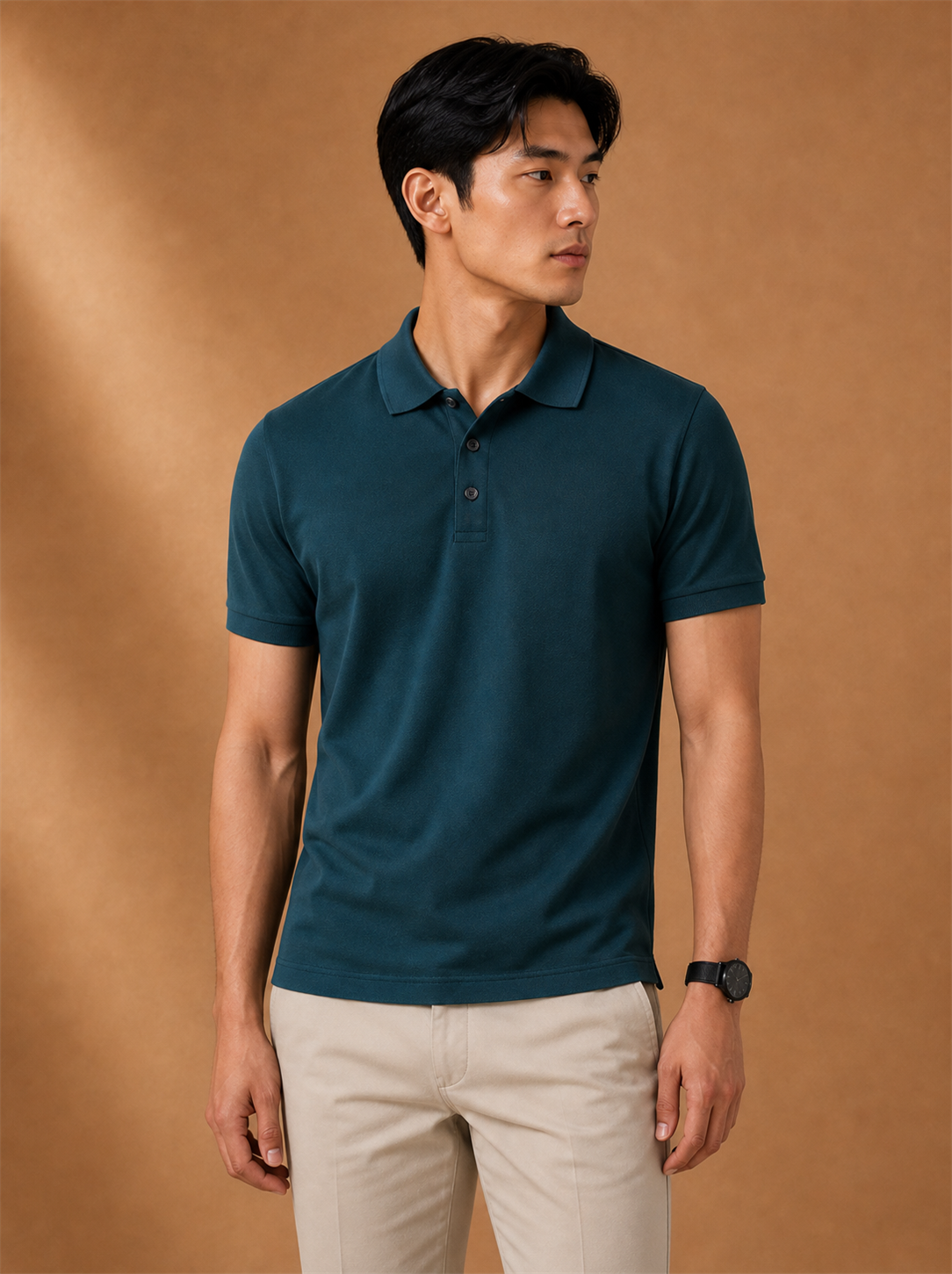 Arvion Polo worn by a model, LOCKSTEP catalogue photograph