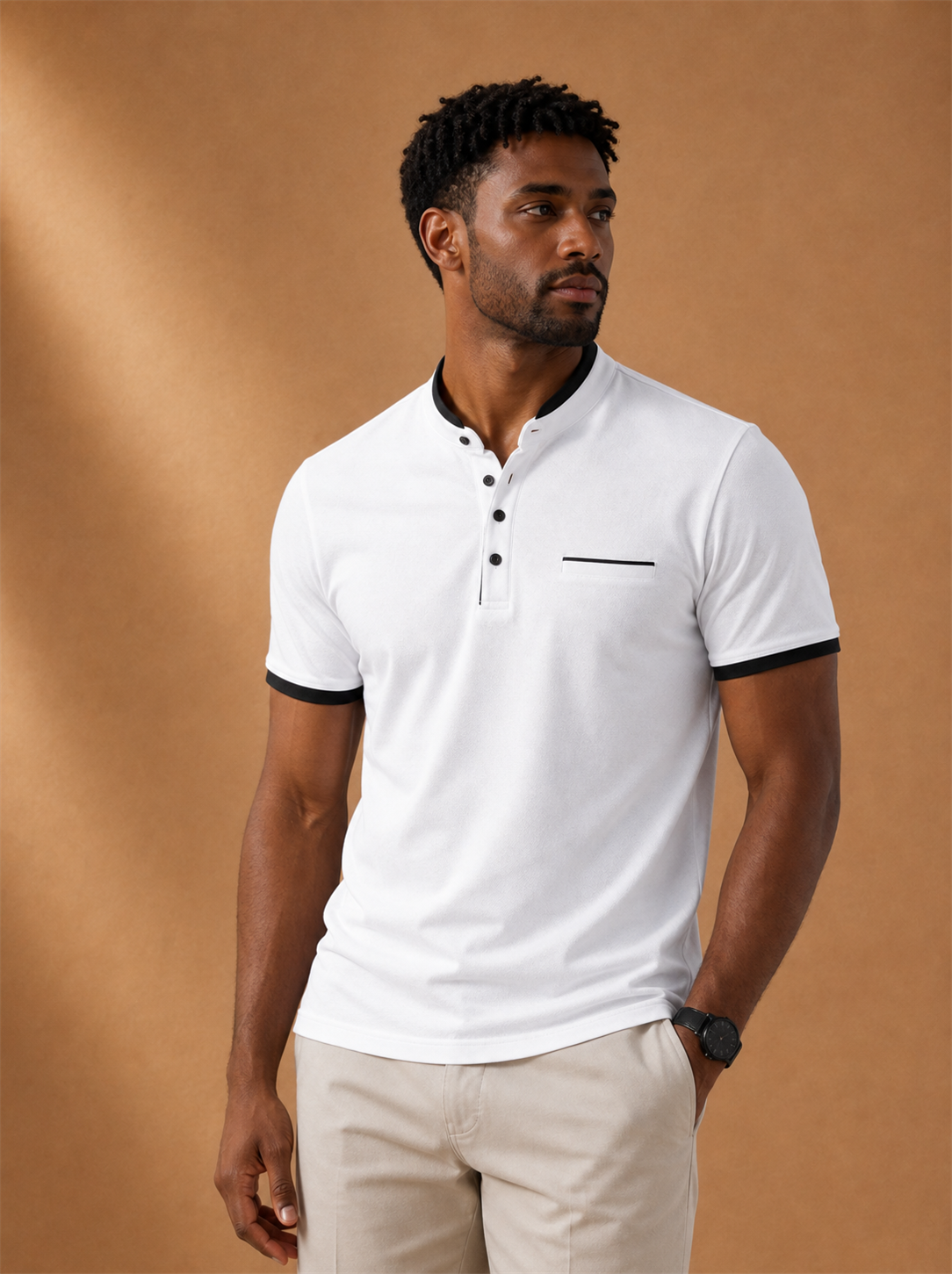 Ryvon Polo worn by a model, LOCKSTEP catalogue photograph