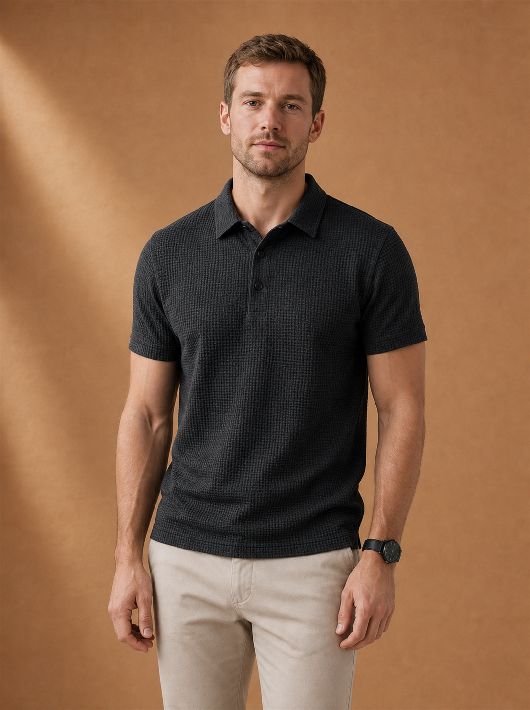 Draven Polo worn by a model, LOCKSTEP catalogue photograph