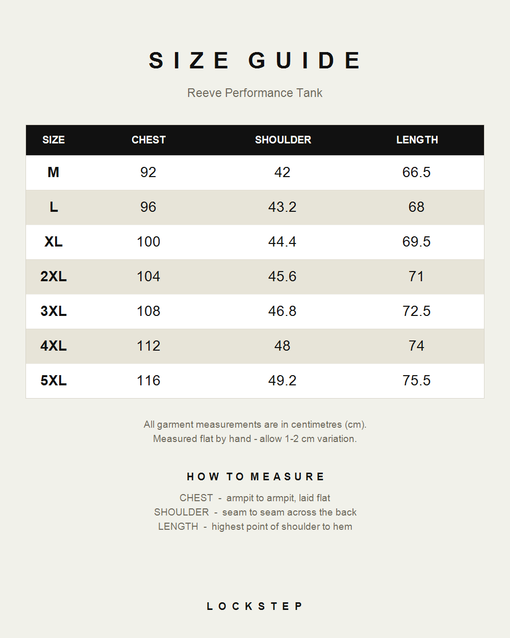 Reeve Performance Tank size guide - measurements in cm