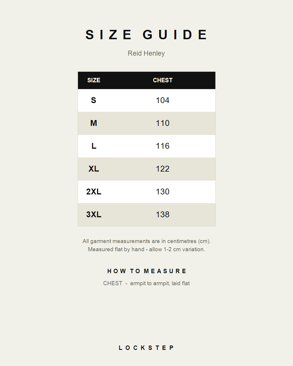 Reid Henley size guide - measurements in cm