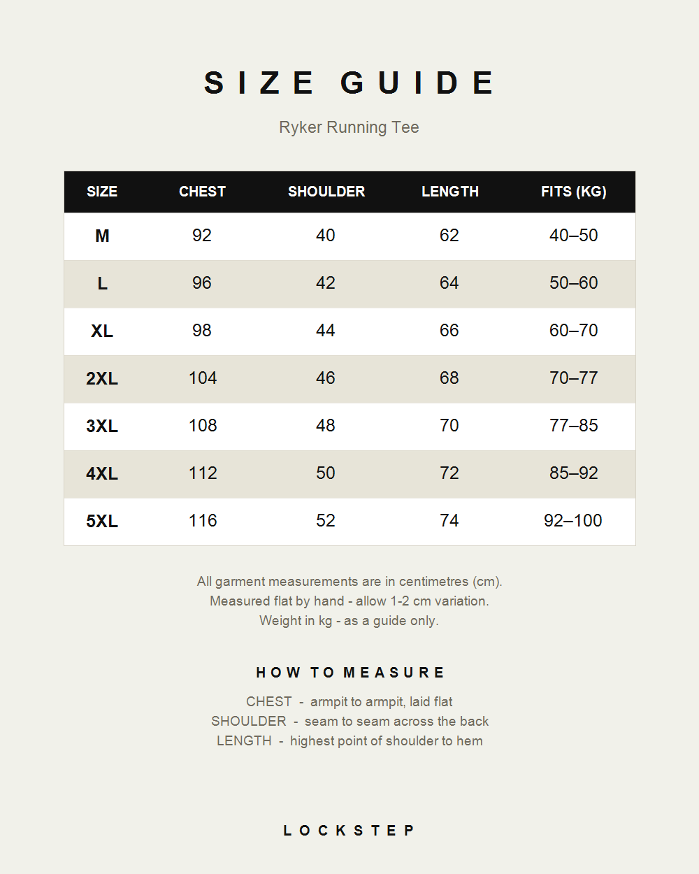 Ryker Running Tee size guide - measurements in cm