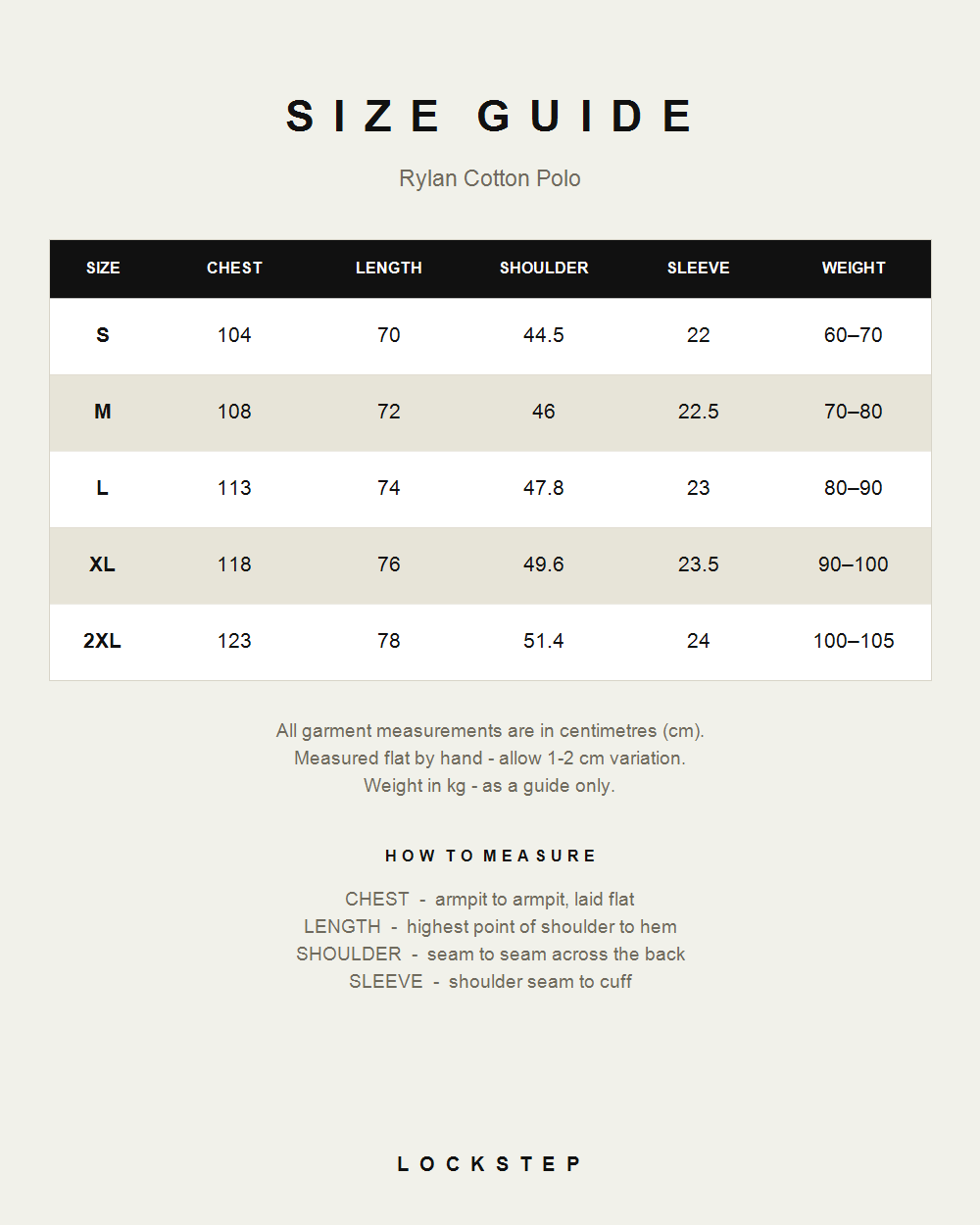 Rylan Cotton Polo size guide - measurements in cm