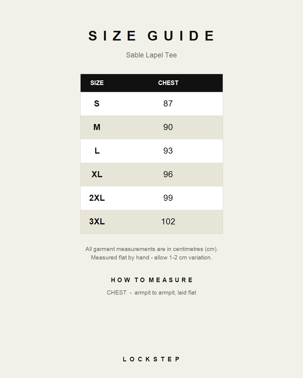 Sable Lapel Tee size guide - measurements in cm