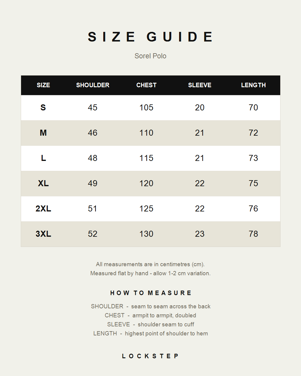 Sorel Polo size guide - measurements in cm for S to 3XL