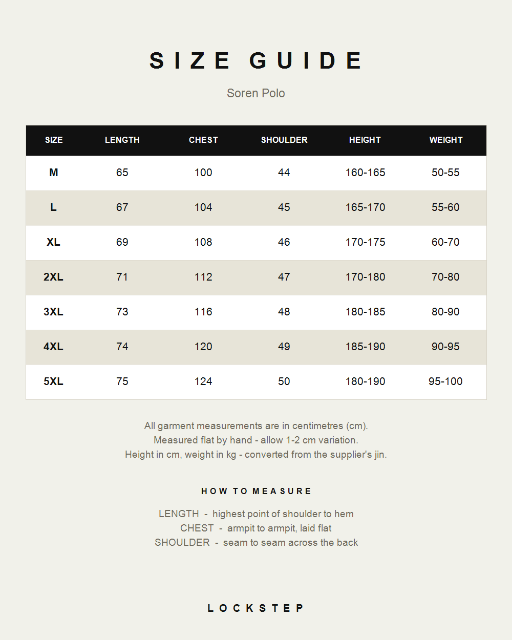 Soren Polo size guide - measurements in cm
