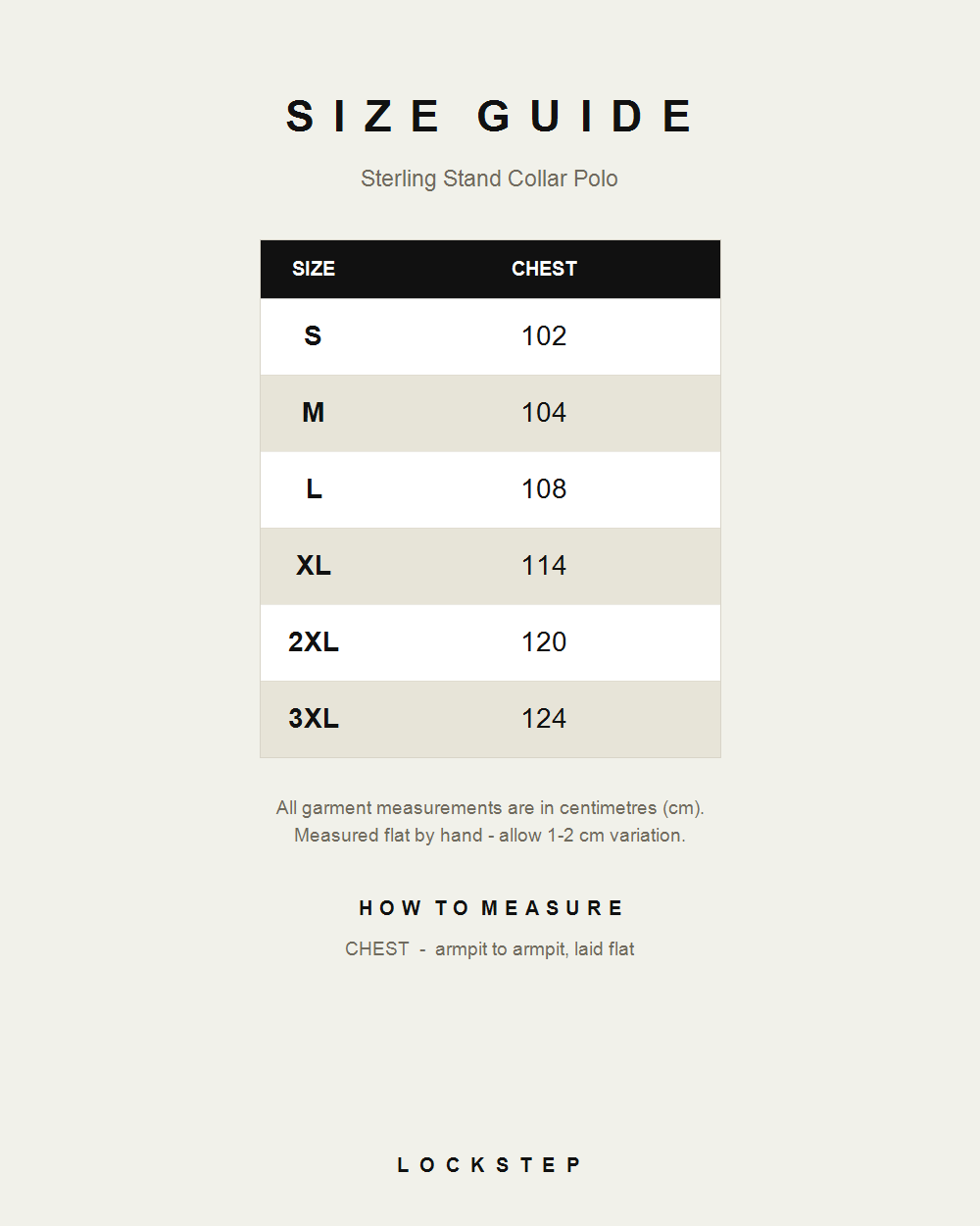 Sterling Stand Collar Polo size guide - measurements in cm