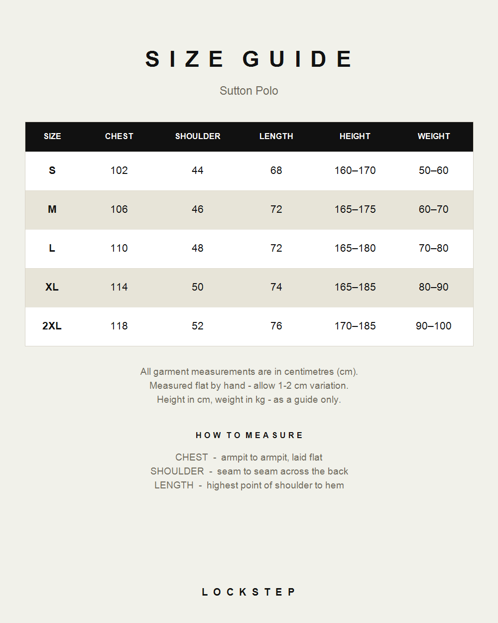 Sutton Polo size guide - measurements in cm