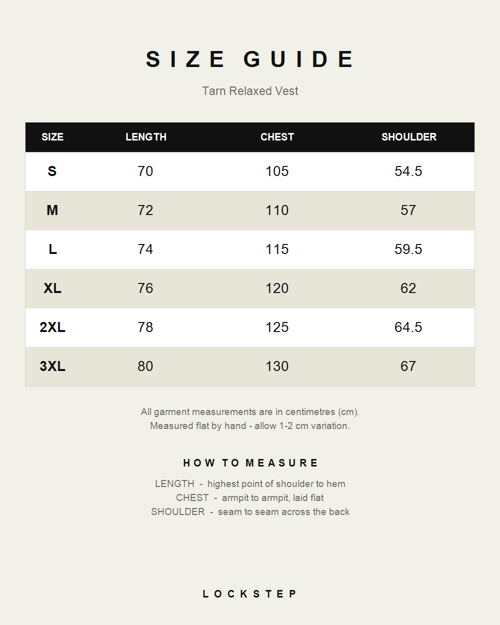 Tarn Relaxed Vest size guide - measurements in cm