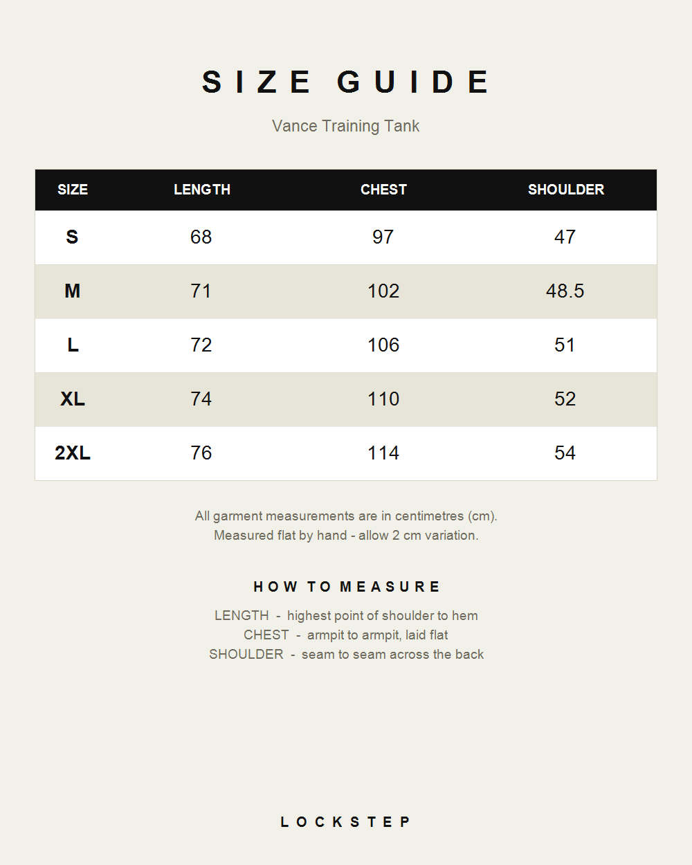 Vance Training Tank size guide - measurements in cm