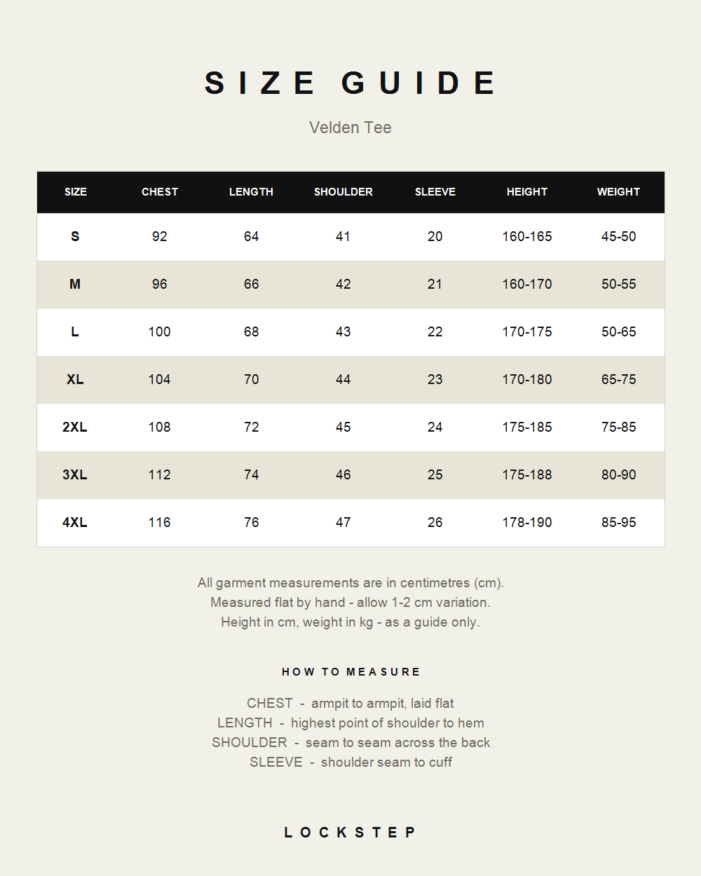 Velden Tee size guide