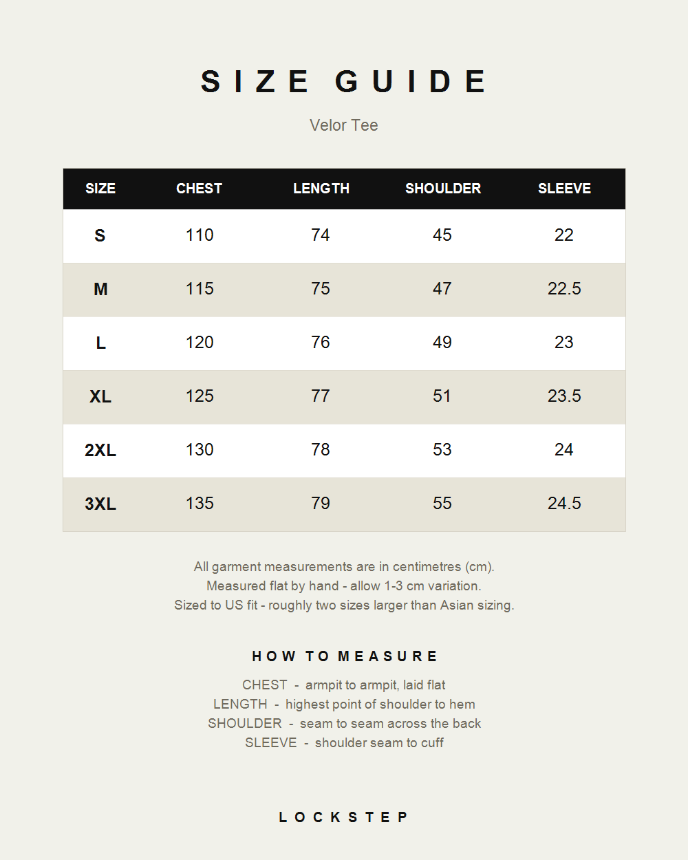 Velor Tee size guide