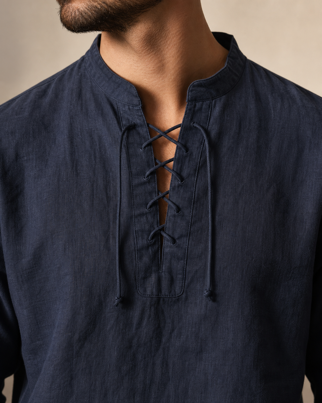 Vercore Linen Shirt navy lace-up placket and grandad collar detail