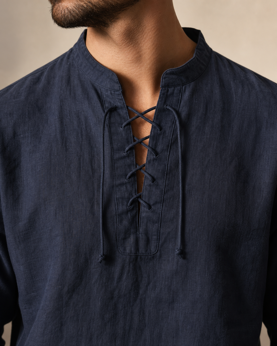 Vercore Linen Shirt navy lace-up placket and grandad collar detail