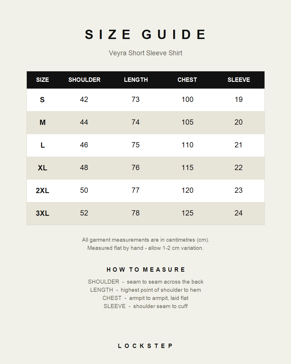 Veyra Short Sleeve Shirt size guide - measurements in cm