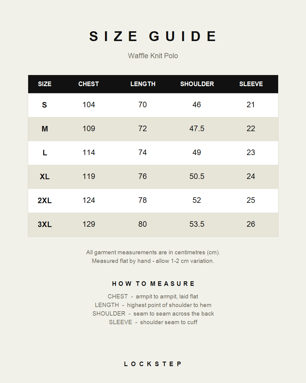 Waffle Knit Polo size guide - measurements in cm